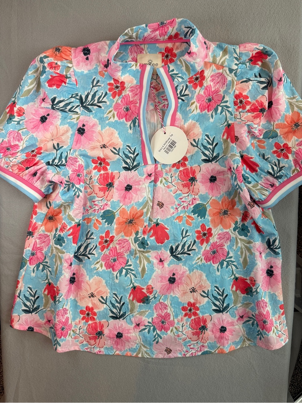Umgee Blue Floral Short Sleeve Popover Top with Pink & Coral Flowers